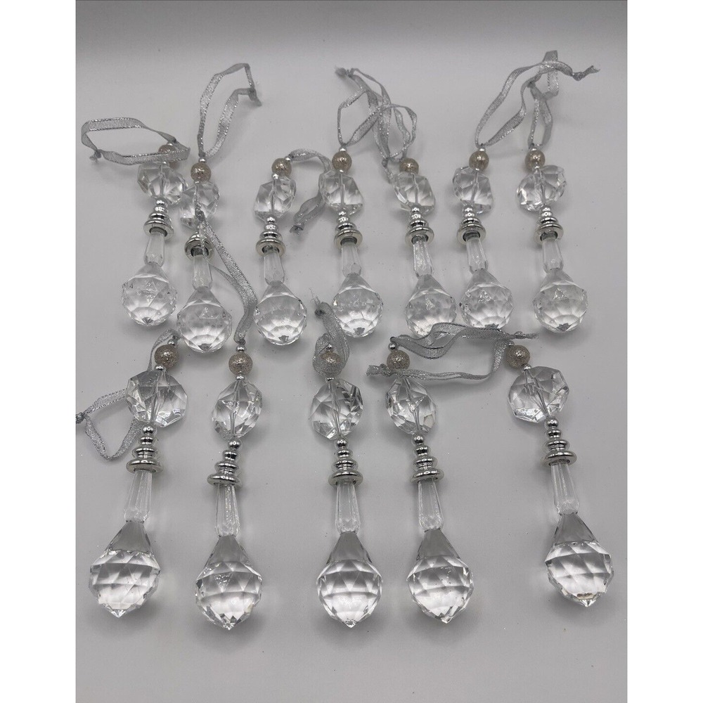 14 Clear/Silver Acrylic Beaded Prisms Icicle‎ Christmas Tree Ornaments 5.5"Tall